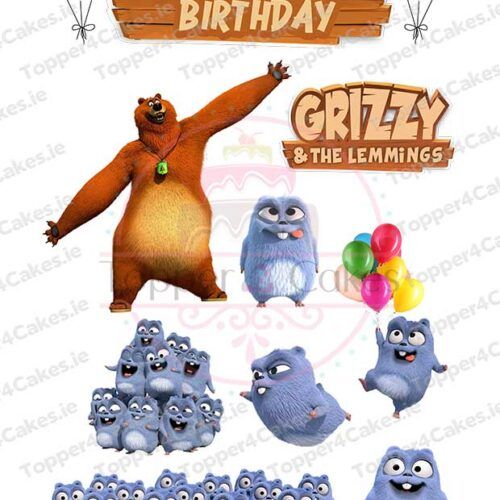 Grizzy the bear and blue Lemmings pose with balloons and Edible Grizzy and the Lemmings Cutout Toppers under a Happy Birthday sign and logo, all on a white festive background.