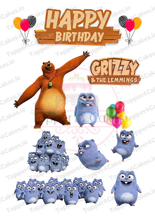Grizzy the bear and blue Lemmings pose with balloons and Edible Grizzy and the Lemmings Cutout Toppers under a Happy Birthday sign and logo, all on a white festive background.
