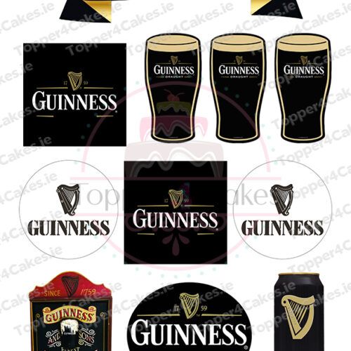 A set of Guinness-themed Edible Leinster Rugby Cutout Toppers featuring logos, pints, cans, and a Happy Birthday banner in black, white, and gold with the iconic harp symbol.