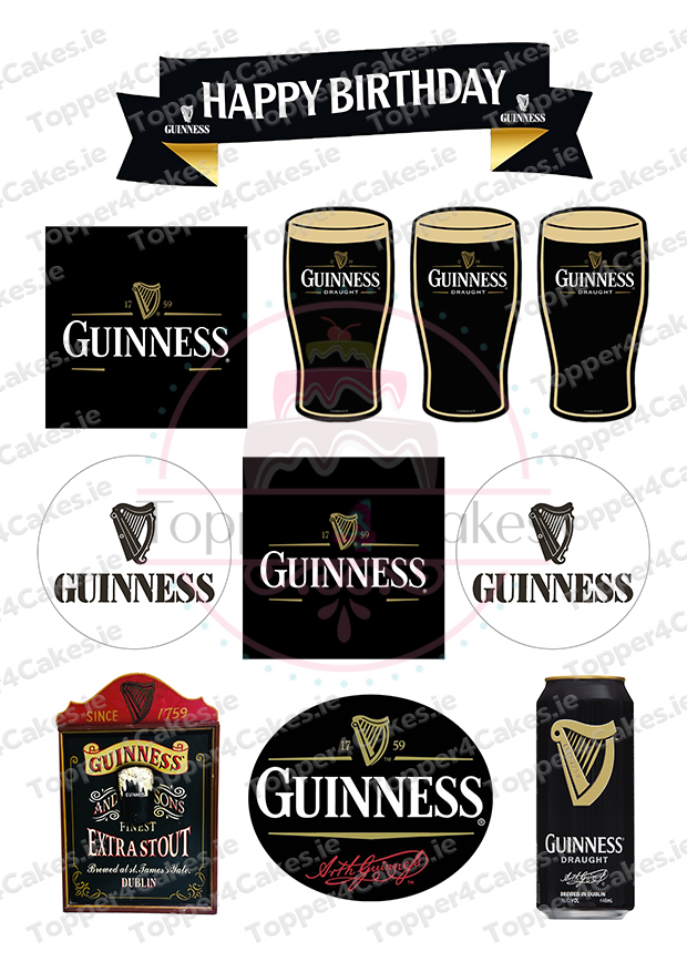 A set of Guinness-themed Edible Leinster Rugby Cutout Toppers featuring logos, pints, cans, and a Happy Birthday banner in black, white, and gold with the iconic harp symbol.