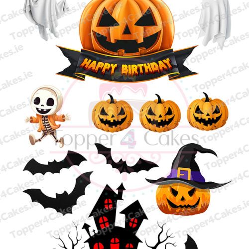 Halloween-themed scene with jack-o-lanterns, bats, ghosts, a costumed skeleton, haunted house, and a Happy Birthday banner under a pumpkin in a witch hat—great inspiration for Edible Christmas Cutout Toppers (Copy).