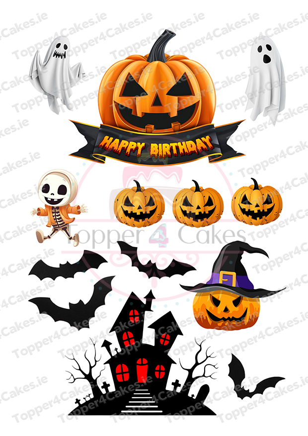 Halloween-themed scene with jack-o-lanterns, bats, ghosts, a costumed skeleton, haunted house, and a Happy Birthday banner under a pumpkin in a witch hat—great inspiration for Edible Christmas Cutout Toppers (Copy).