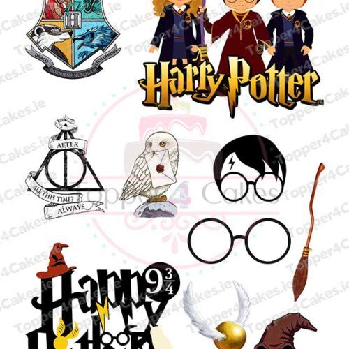 A collage of Harry Potter-themed illustrations, perfect for Edible Frozen Cutout Toppers (Copy), featuring the Hogwarts crest, the trio in robes, Deathly Hallows symbol, Hedwig, glasses, wand, broomstick, Sorting Hat, Golden Snitch, and Happy Birthday.