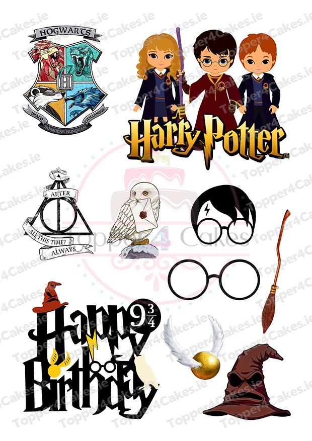 A collage of Harry Potter-themed illustrations, perfect for Edible Frozen Cutout Toppers (Copy), featuring the Hogwarts crest, the trio in robes, Deathly Hallows symbol, Hedwig, glasses, wand, broomstick, Sorting Hat, Golden Snitch, and Happy Birthday.