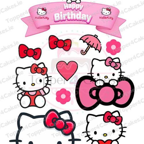 Pair these Hello Kitty birthday decorations—featuring Kitty faces, red bows, flowers, a heart, an umbrella, and a pink "Happy Birthday" banner—with Edible Harry Potter Cutout Toppers (Copy) for a magical celebration.