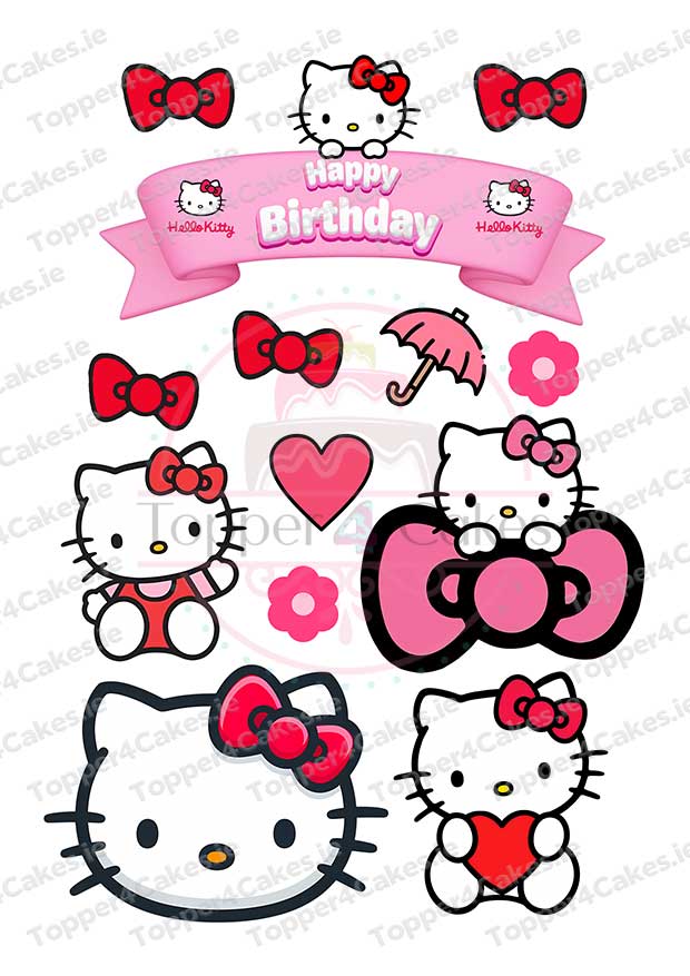 Pair these Hello Kitty birthday decorations—featuring Kitty faces, red bows, flowers, a heart, an umbrella, and a pink "Happy Birthday" banner—with Edible Harry Potter Cutout Toppers (Copy) for a magical celebration.