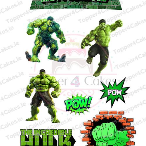 A birthday scene with comic POW! graphics, Happy Birthday banner, The Incredible Hulk text and images—perfect for pairing with Edible Iron Man Cutout Toppers (Copy) to create a superhero-themed celebration.