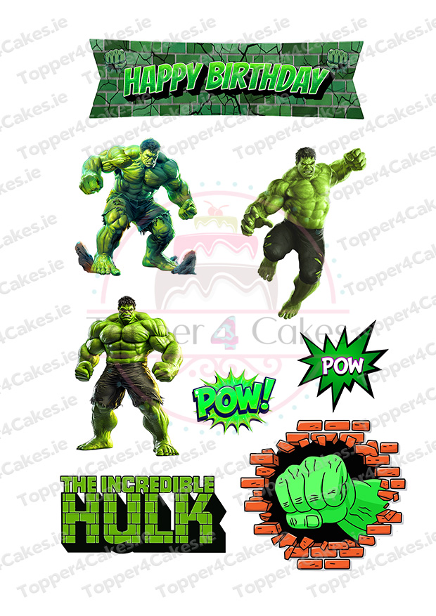 A birthday scene with comic POW! graphics, Happy Birthday banner, The Incredible Hulk text and images—perfect for pairing with Edible Iron Man Cutout Toppers (Copy) to create a superhero-themed celebration.