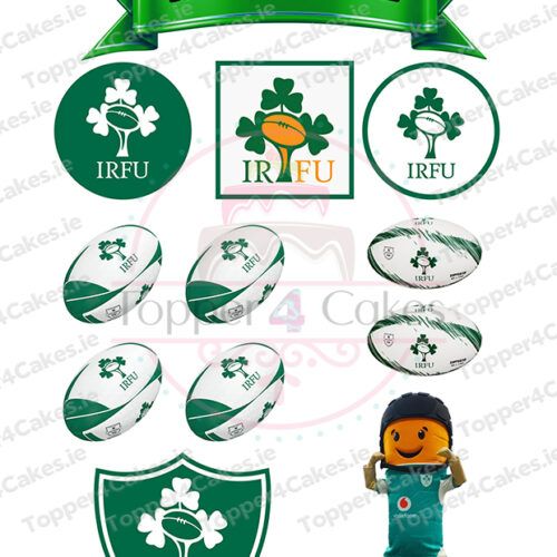 Pair IRFU-themed toppers—rugby balls, shamrocks, a green Happy Birthday banner, and a cartoon rugby player—with Edible Spongebob Cutout Toppers (Copy) for a fun and unique celebration centerpiece.