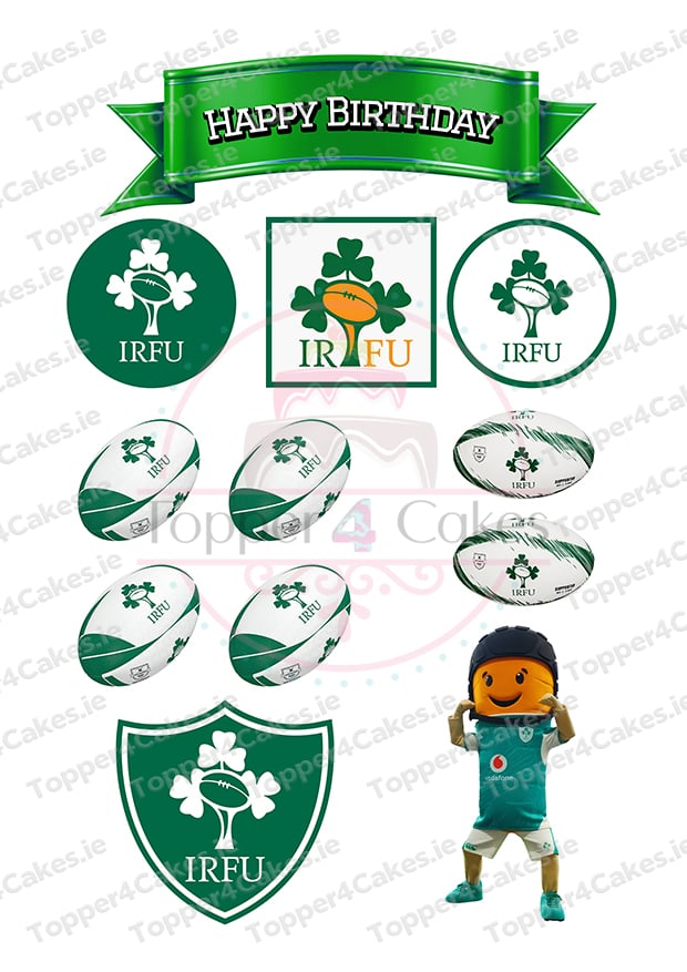Pair IRFU-themed toppers—rugby balls, shamrocks, a green Happy Birthday banner, and a cartoon rugby player—with Edible Spongebob Cutout Toppers (Copy) for a fun and unique celebration centerpiece.