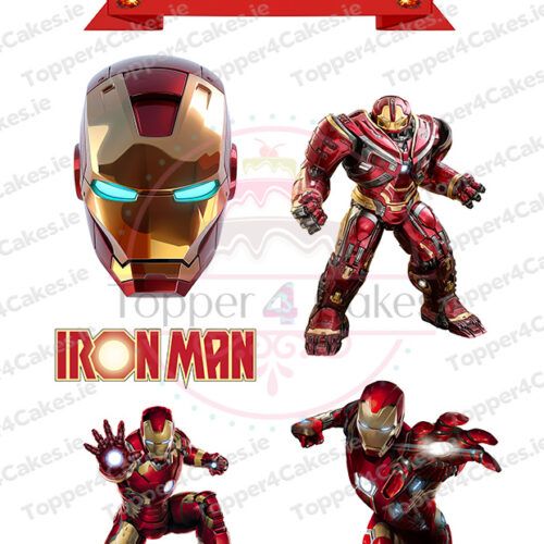 Iron Man birthday image with helmet, three action poses, a Happy Birthday banner, Iron Man logo, and Edible Guinness Cutout Toppers (Copy) for a heroic party treat.