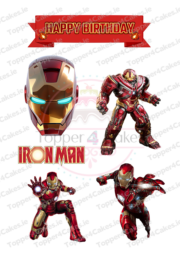 Iron Man birthday image with helmet, three action poses, a Happy Birthday banner, Iron Man logo, and Edible Guinness Cutout Toppers (Copy) for a heroic party treat.