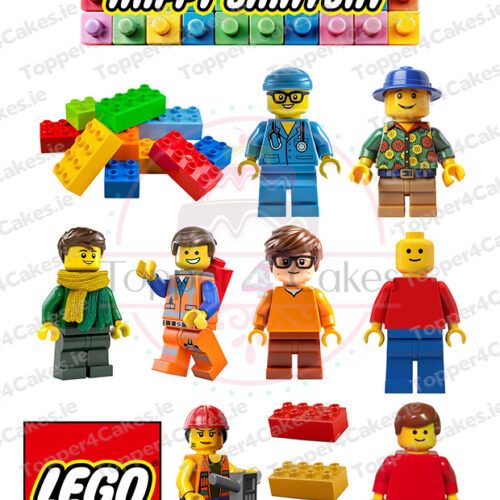 Edible Hello Kitty Cutout Toppers (Copy) featuring colorful cutout toppers designed to decorate cakes, inspired by LEGO minifigures and bricks, with the red LEGO logo on a white background and perfect for birthday celebrations.