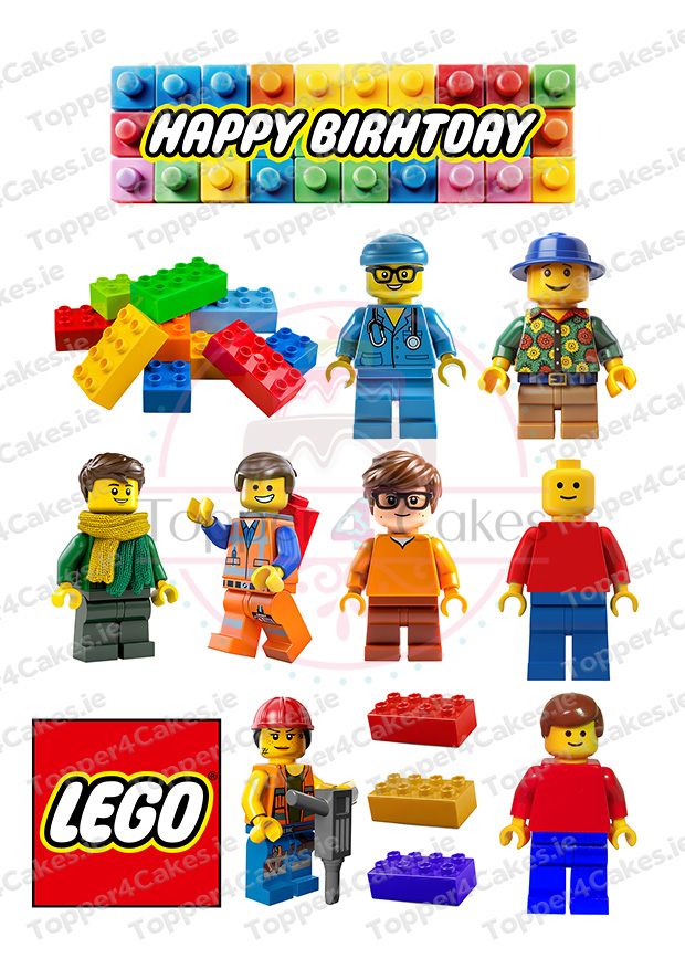 Edible Hello Kitty Cutout Toppers (Copy) featuring colorful cutout toppers designed to decorate cakes, inspired by LEGO minifigures and bricks, with the red LEGO logo on a white background and perfect for birthday celebrations.