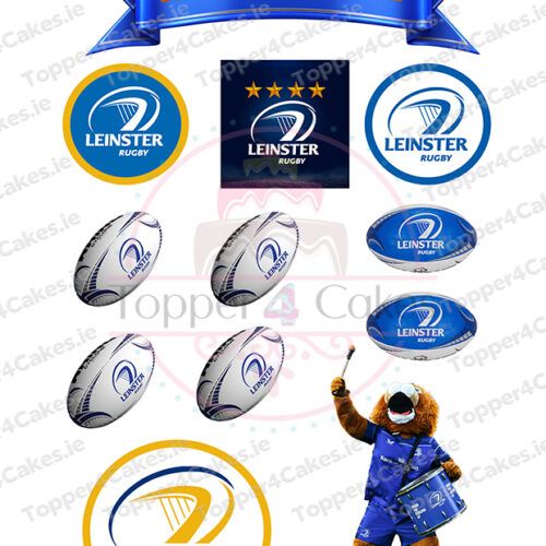 Celebrate with Leinster Rugby-themed Edible Nasa Cutout Toppers, featuring team logos, rugby balls, a blue Happy Birthday banner, and a cartoon lion mascot in gear holding a drumstick and drum.