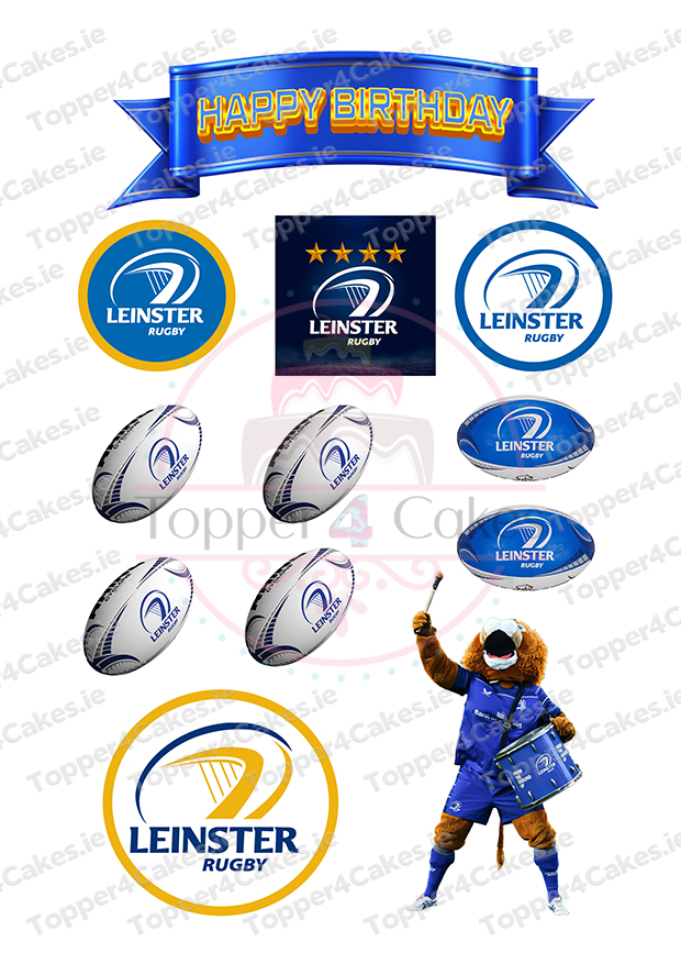 Celebrate with Leinster Rugby-themed Edible Nasa Cutout Toppers, featuring team logos, rugby balls, a blue Happy Birthday banner, and a cartoon lion mascot in gear holding a drumstick and drum.