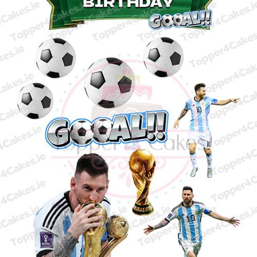 Birthday-themed image with three soccer balls, “Happy Birthday” and “GOAL!!” text, Argentina’s Lionel Messi celebrating with the World Cup trophy, two World Cup trophies, and Edible Lego Cutout Toppers (Copy).