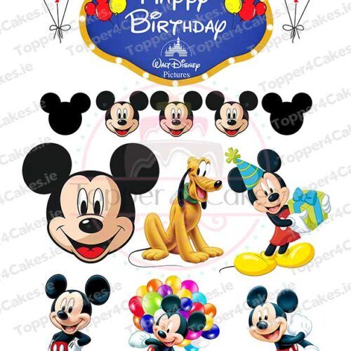 Bright birthday image with Mickey Mouse, balloons, Pluto, and a "Happy Birthday" sign—ideal for decorating cakes using Edible LOL Cutout Toppers (Copy) to create a festive Disney-themed celebration.