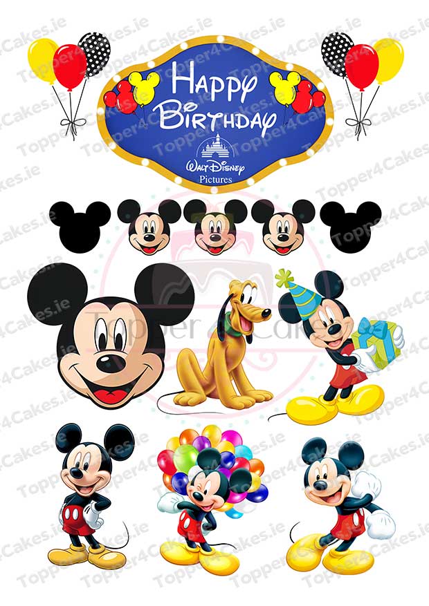 Bright birthday image with Mickey Mouse, balloons, Pluto, and a "Happy Birthday" sign—ideal for decorating cakes using Edible LOL Cutout Toppers (Copy) to create a festive Disney-themed celebration.