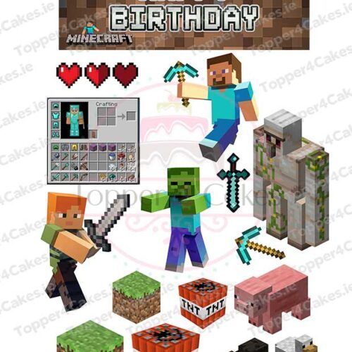 Minecraft-themed birthday decorations with characters, animals, TNT blocks, swords, pickaxes, hearts, a crafting menu, and a dirt-and-grass Happy Birthday banner—plus Edible Mickey Mouse Cutout Toppers (Copy) for a unique twist.