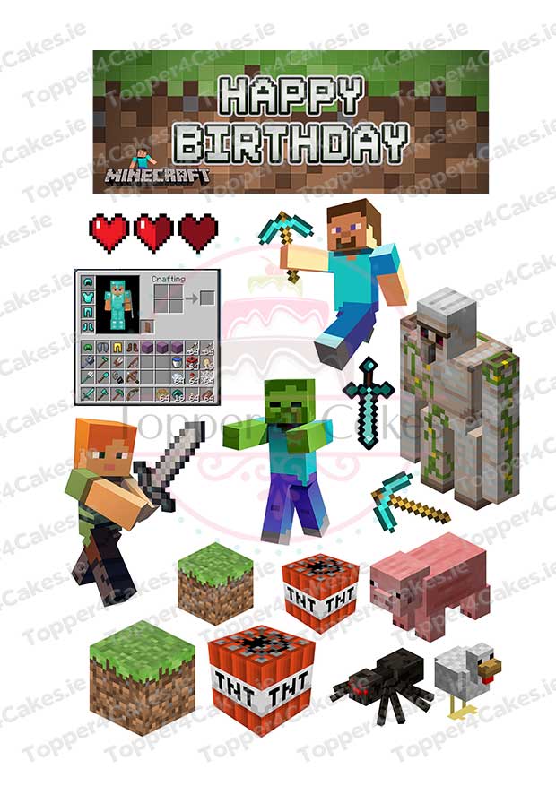 Minecraft-themed birthday decorations with characters, animals, TNT blocks, swords, pickaxes, hearts, a crafting menu, and a dirt-and-grass Happy Birthday banner—plus Edible Mickey Mouse Cutout Toppers (Copy) for a unique twist.