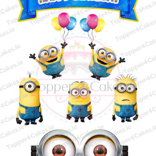 A Happy Birthday banner sits above six Minions—two with balloons, three below with varied expressions, and Minion goggles. Edible Leinster Rugby Cutout Toppers (Copy) add a unique touch at the bottom.