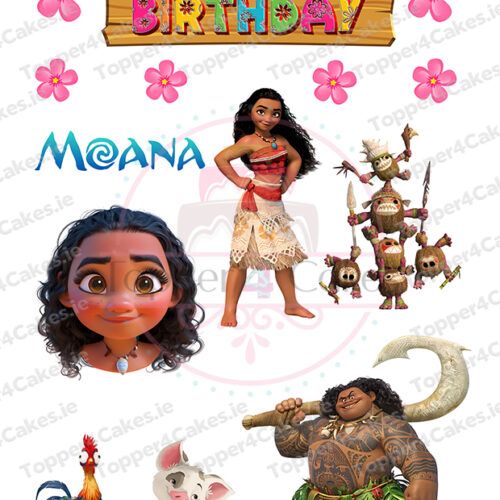 Moana-themed birthday image featuring Moana, Maui with his hook, Kakamora, Hei Hei, Pua, pink flowers, a Happy Birthday sign, "Moana" text, and Edible Leinster Rugby Cutout Toppers (Copy) for a unique twist.