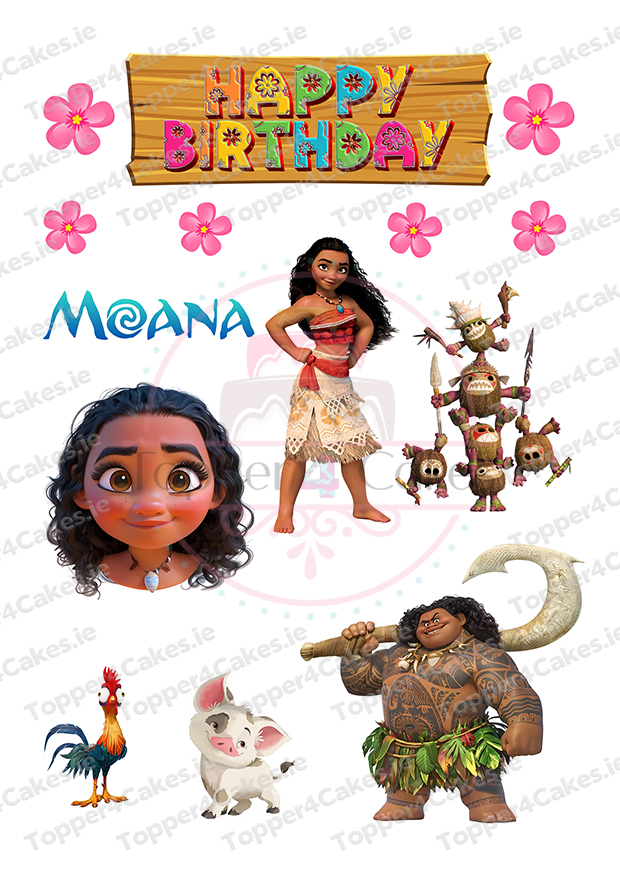 Moana-themed birthday image featuring Moana, Maui with his hook, Kakamora, Hei Hei, Pua, pink flowers, a Happy Birthday sign, "Moana" text, and Edible Leinster Rugby Cutout Toppers (Copy) for a unique twist.
