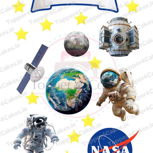A Happy Birthday banner appears above Earth, the Moon, stars, a satellite, a space station, two astronauts in spacesuits, and the NASA logo—all styled as Edible Nasa Cutout Toppers on a white background.