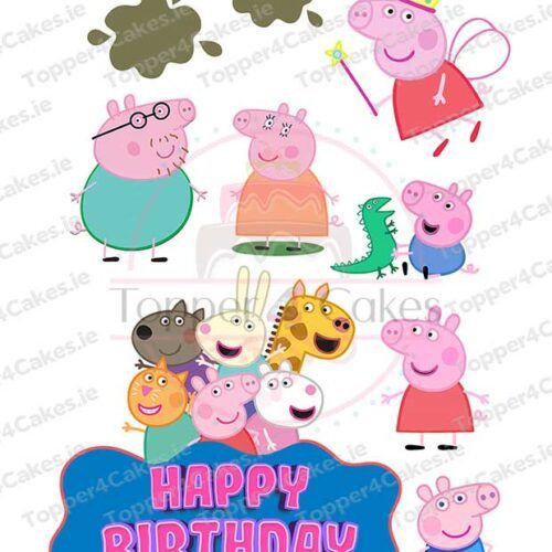 Celebrate with Edible Bluey Cutout Toppers featuring Peppa Pig characters like Peppa and George, a blue and pink Happy Birthday sign, and playful mud splashes—perfect for adding fun to your party!.
