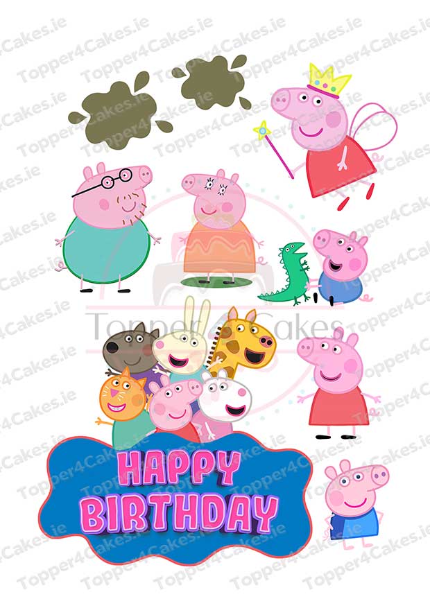 Celebrate with Edible Bluey Cutout Toppers featuring Peppa Pig characters like Peppa and George, a blue and pink Happy Birthday sign, and playful mud splashes—perfect for adding fun to your party!.