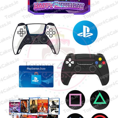 A collection of PlayStation-themed images—controllers, Happy Birthday banner, logo, gift card, game covers, button symbols—plus Edible Spongebob Cutout Toppers (Copy) to add a fun twist to your celebration.