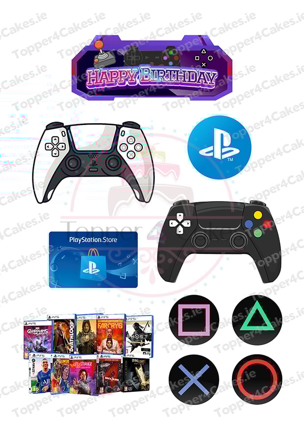 A collection of PlayStation-themed images—controllers, Happy Birthday banner, logo, gift card, game covers, button symbols—plus Edible Spongebob Cutout Toppers (Copy) to add a fun twist to your celebration.