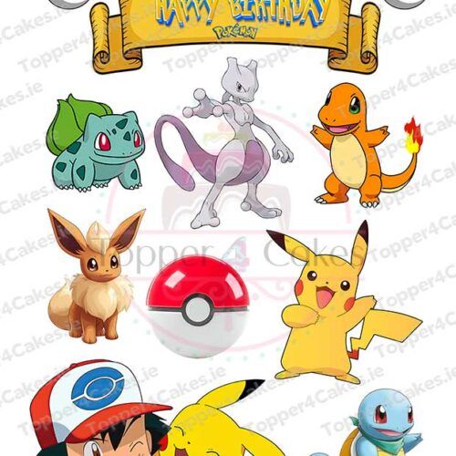 A vibrant Happy Birthday Pokémon-themed design with Pikachu, Bulbasaur, Charmander, Squirtle, Eevee, Mewtwo, Ash Ketchum, Poké Balls, a yellow birthday banner, and Edible Minecraft Cutout Toppers (Copy).