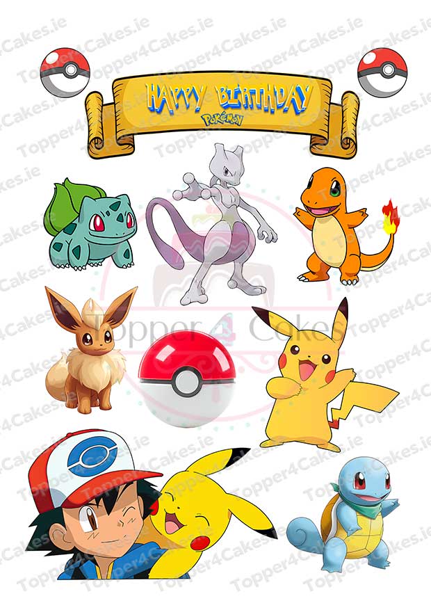 A vibrant Happy Birthday Pokémon-themed design with Pikachu, Bulbasaur, Charmander, Squirtle, Eevee, Mewtwo, Ash Ketchum, Poké Balls, a yellow birthday banner, and Edible Minecraft Cutout Toppers (Copy).