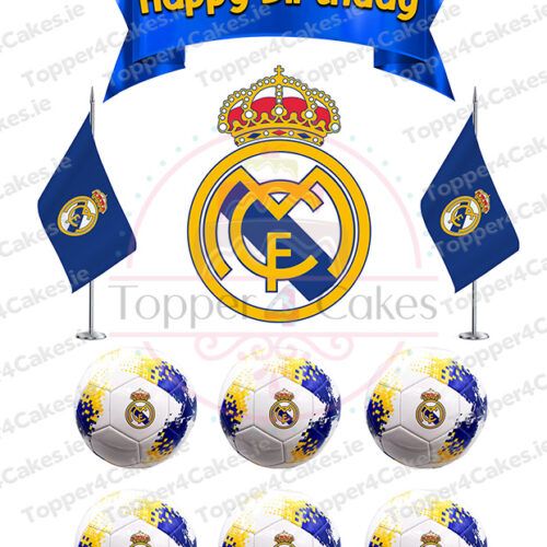Blue Happy Birthday banner, two Real Madrid flags, club logos with crowns, and six soccer balls featuring the same logo—perfect for pairing with Edible Pokemon Cutout Toppers (Copy)—all displayed on a white background.