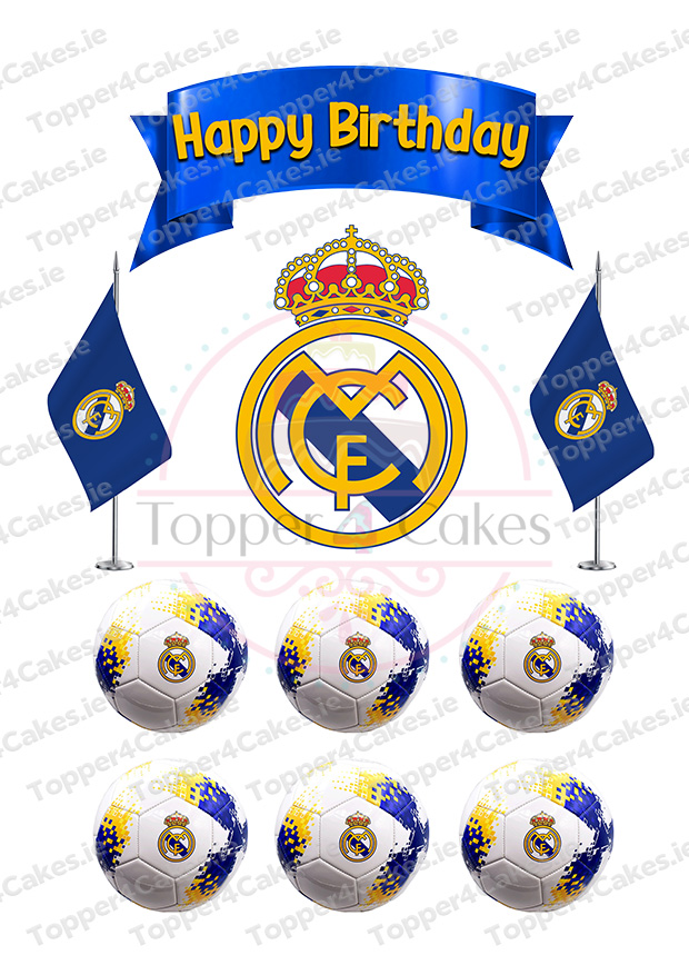 Blue Happy Birthday banner, two Real Madrid flags, club logos with crowns, and six soccer balls featuring the same logo—perfect for pairing with Edible Pokemon Cutout Toppers (Copy)—all displayed on a white background.