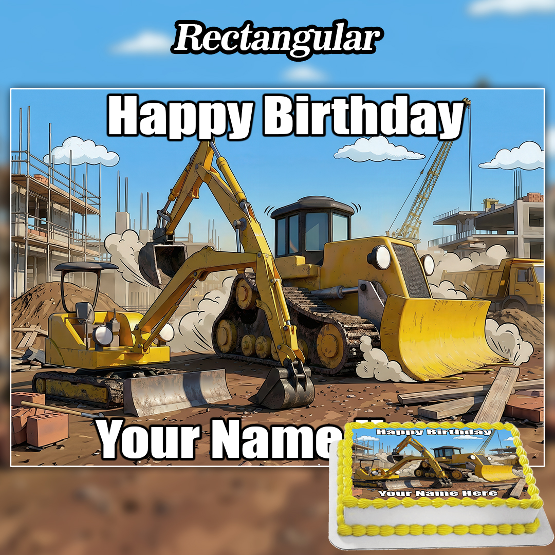Rectangular birthday card with a construction site scene, "Happy Birthday Your Name" text, and a matching cake topped with an Edible Ballerina Cake Topper (Copy) pictured in the bottom right corner.
