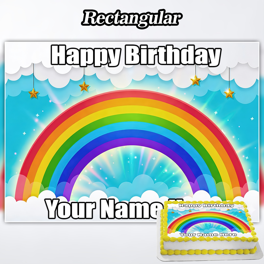 The Edible Rainbow Cake Topper features a colorful rainbow, clouds, stars, and “Happy Birthday Your Name” on a bright blue sky—perfect to pair with a Christening Girl Cake Topper with Picture for a unique celebration.