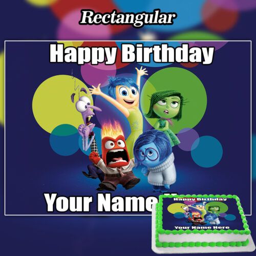 Celebrate with an Inside Out birthday cake design featuring Joy, Sadness, Fear, Anger, and Disgust, a colorful background with circles, and a customizable “Happy Birthday Your Name” Edible Rainbow Cake Topper (Copy).