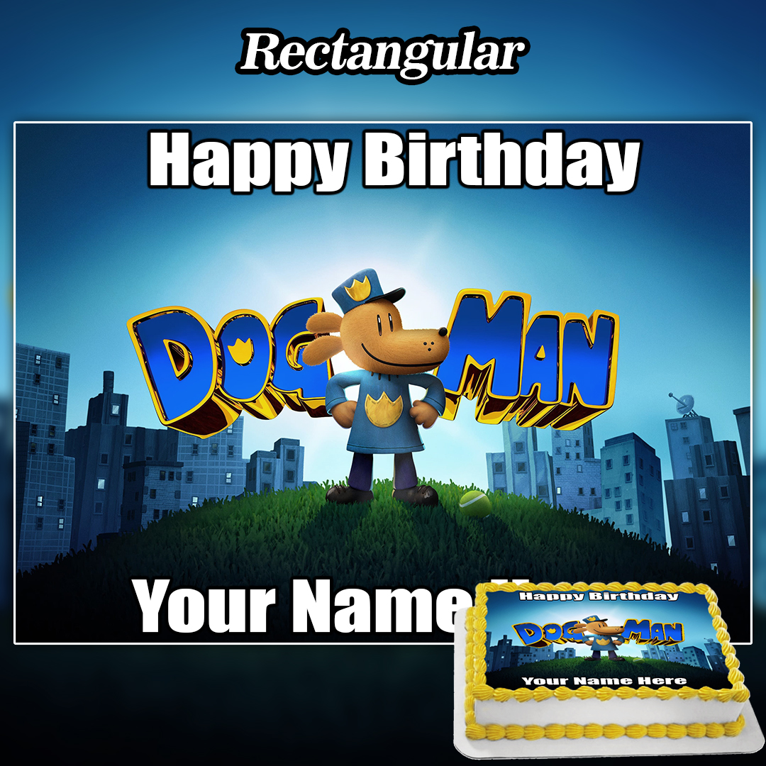 A birthday banner featuring a cartoon police dog on grass with "Happy Birthday" above, your name below, city buildings, a bright sky, and an Edible Inside Out Cake Topper (Copy) design in the corner.