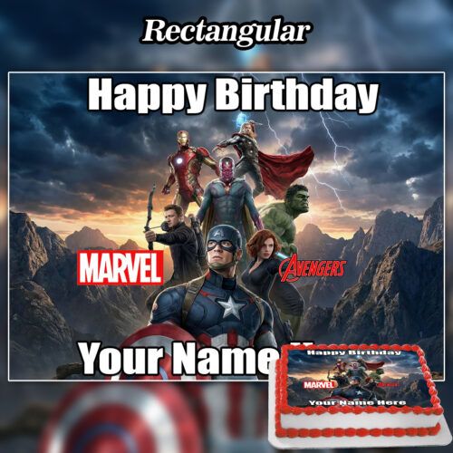 Rectangular birthday cake with Avengers characters, “Happy Birthday” and your name, inspired by our Edible Dogman Cake Topper (Copy). Includes Marvel and Avengers logos.
