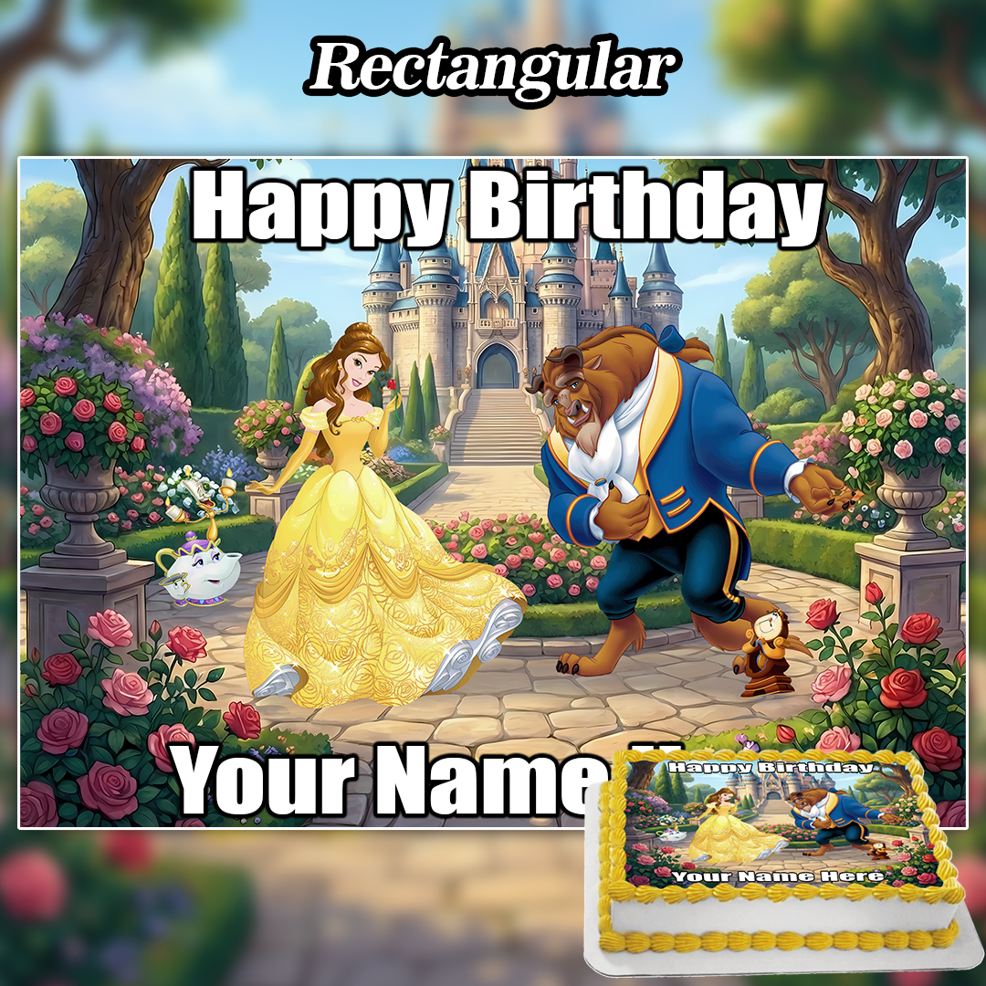 A rectangular birthday cake with an edible Toy Story Cake Topper featuring Belle, Beast, Mrs. Potts, and Chip in a rose garden. Text reads “Happy Birthday Your Name.”.