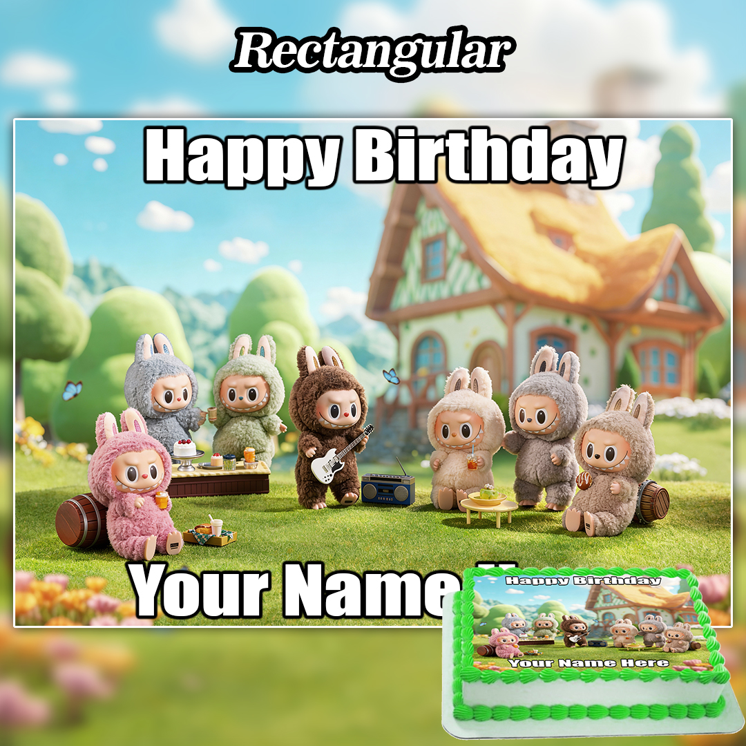A group of cute plush animal characters in bunny costumes celebrate a birthday outdoors with cake and music, featuring a rectangular cake topped with an Edible Labubu Cake Topper and "Your Name Here" shown in the corner.