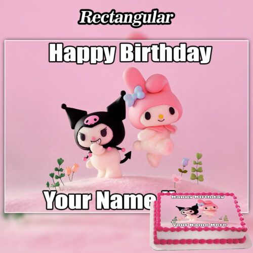 Two cute plush figures—one black with pink, one pink with a bow—stand on grassy flowers. "Happy Birthday Your Name!" tops a pink Edible Labubu Cake Topper (Copy) showing the characters, set against a pink background.