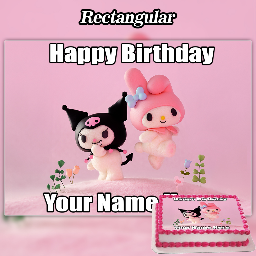 Two cute plush figures—one black with pink, one pink with a bow—stand on grassy flowers. "Happy Birthday Your Name!" tops a pink Edible Labubu Cake Topper (Copy) showing the characters, set against a pink background.
