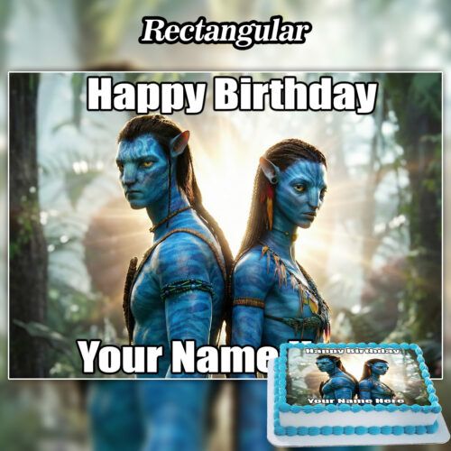 Two blue-skinned characters from Avatar stand back-to-back in a sunlit forest with "Happy Birthday Your Name" text. A cake in the corner features an Edible Avatar Cake Topper with the same scene for a magical birthday touch.