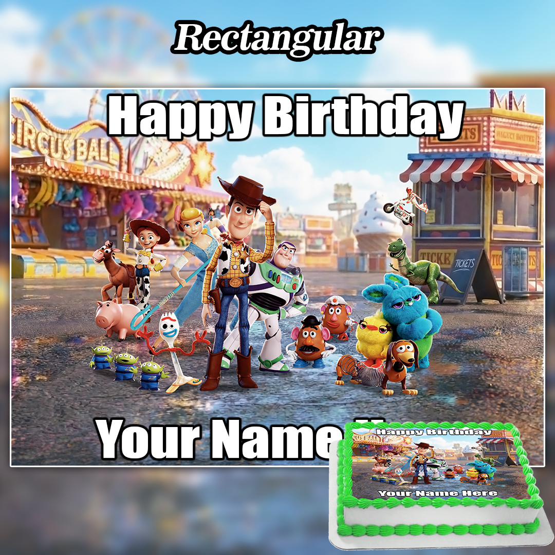 Rectangular birthday cake with an Edible Toy Story Cake Topper featuring characters in a colorful carnival scene. "Happy Birthday" and your name are written above and below, with a decorated cake image in the corner.