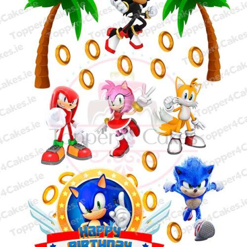Sonic the Hedgehog characters like Sonic, Knuckles, Amy, Tails, and Shadow with golden rings and palm trees plus a Happy Birthday badge—perfect to pair with Edible Pokemon Cutout Toppers (Copy) for a fun party theme.