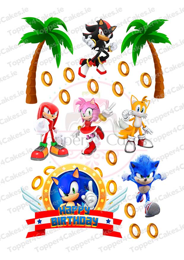 Sonic the Hedgehog characters like Sonic, Knuckles, Amy, Tails, and Shadow with golden rings and palm trees plus a Happy Birthday badge—perfect to pair with Edible Pokemon Cutout Toppers (Copy) for a fun party theme.